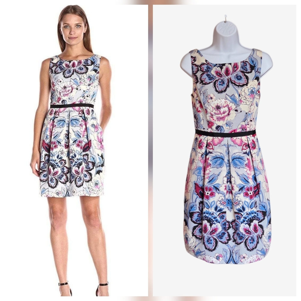 ADRIANNA PAPELL Dress Moving Floral Printed Faille Blue Pink Sz 8 NWT MSRP $160